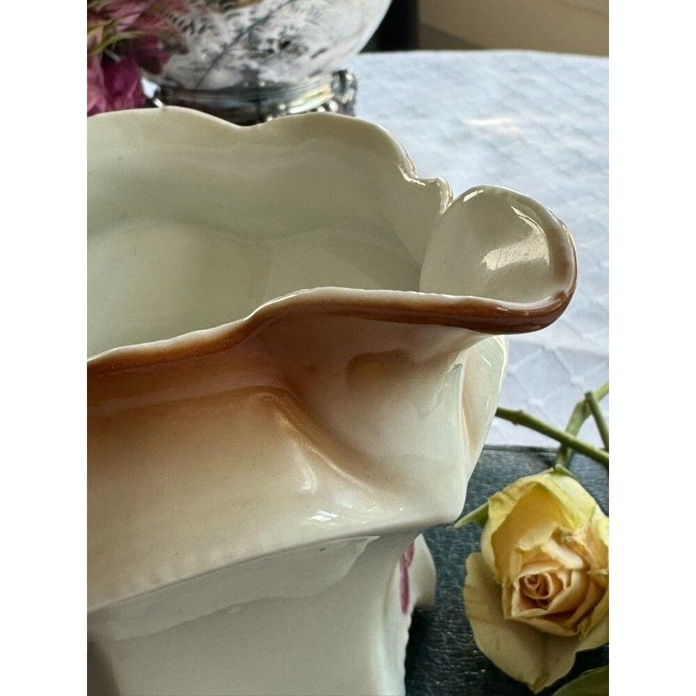 Rare Antique German Hand Painted Floral Footed Creamer Sepia Yellow Brown - Picture 16 of 16